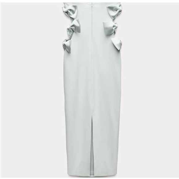 Bloggers Fave Zara Bow Dress, Size S Light Blue Green Sage - Picture 5 of 11